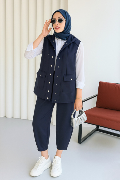 moda paketi Buttoned Scuba Vest with Hood Detail - Navy Blue