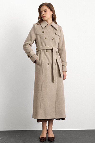Olcay Double-Breasted Long Coat with Cape Detail Stone Melange 3087