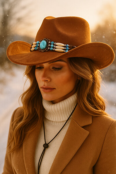 Luminos Butik Tan Suede Cowboy Fedora Hat – Western Model with Turquoise Stone Beads