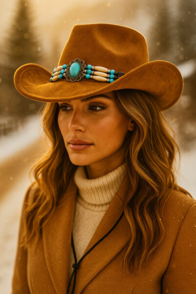 Luminos Butik Tan Suede Cowboy Fedora Hat – Western Model with Turquoise Stone Beads