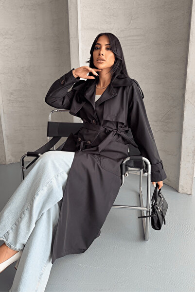 giyimmasalı Bondit Kumaş Cepli Trençkot - SİYAH