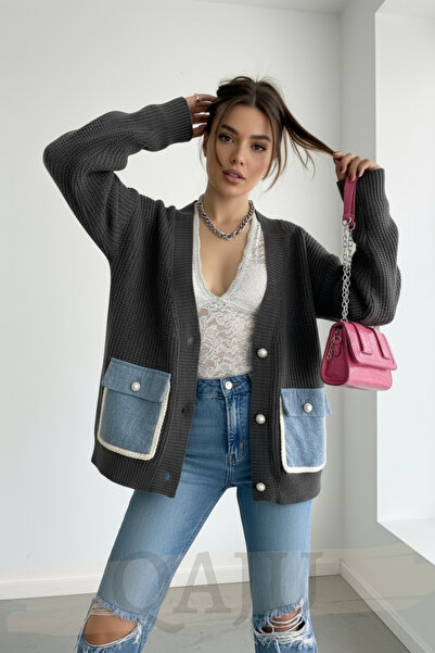 Qaju Women's Jean Pocket Buttoned Knit Cardigan – Anthracite Blue