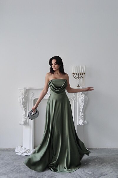 Serica Moda Khaki Chest Draped Strapless Satin Evening Dress