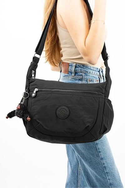 Sanmorris Women's Black Crinkle Fabric Crossbody Shoulder Bag with Accessories