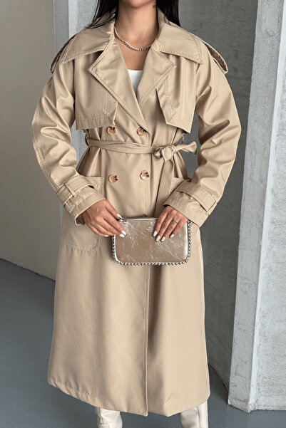 giyimmasalı Bondit Fabric Pocket Trench Coat - Cream