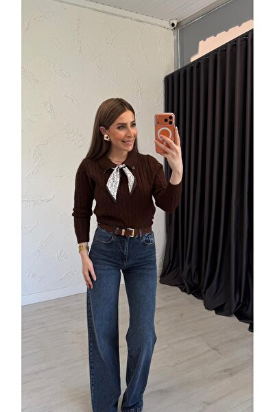 elif teke Kendinden Fularlı Triko Acı Kahverengi