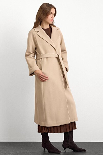 Olcay Oversize Premium Coat with Stitch Detail Beige 3108