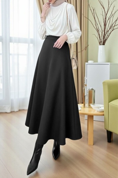 greymoda Fusta neagră din țesătură scuba pentru femei, cu volan, pentru hijab...