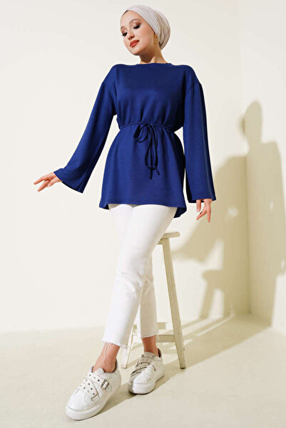 Smy moda Spanish Sleeve Lace-Up Tunic Crew Neck