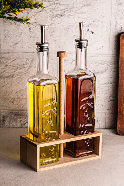 Snippy Verra - 2'li Ahşap Tutmalı Standlı Cam Yağdanlık Damlatmaz Yağlık Sirkelik Zeytinyağı Şişesi 500ml