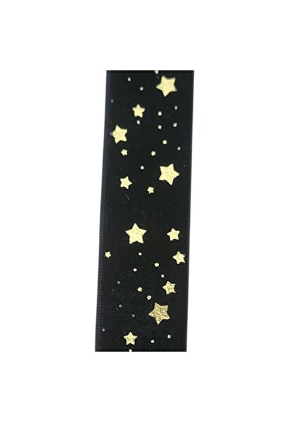 Yara Christmas Decorative Ribbon, Velvet-like Cloth, Golden Star Pattern, 2.5 cm x 22.5 m, Black