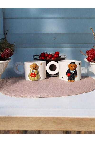 seda seramik Handmade Teddy Male Teddy Female 2-Piece Design Coffee Mug Cup 200 ml