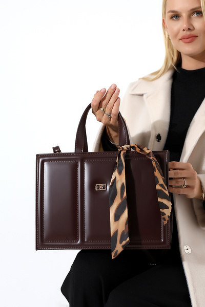 Encool Brown Women's Large Box Model Bag Scarf Accessorized Crisscross Straps Shoulder and Clutch Bag