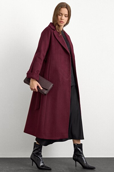 Olcay Oversize Premium Coat with Knit Stitch Detail Mürdüm 3108