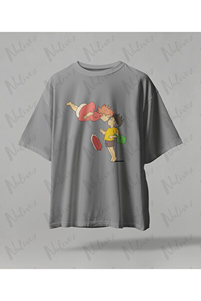 Nulivez تي شيرت مطبوع بتصميم أنيمي ستوديو جيبلي بونيو عالي الجودة للجنسين مقاس كبير