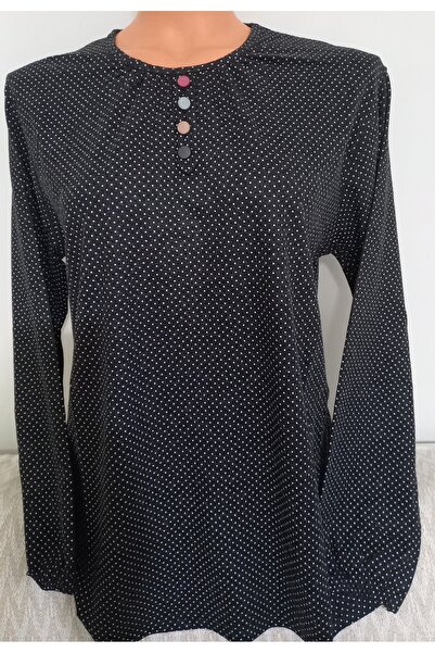 Anne Er Clothing Winter Cotton Combed Blouse Long Sleeve Elasticated Sleeve Crew Neck Black Polka Dot