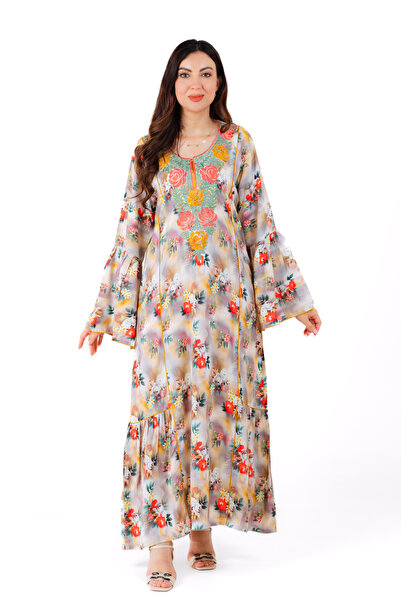 amaan Women's Luxury Floral Embroidered Jalabiya, Rayon Cotton Dress with Bell Sleeves, Arabic Style