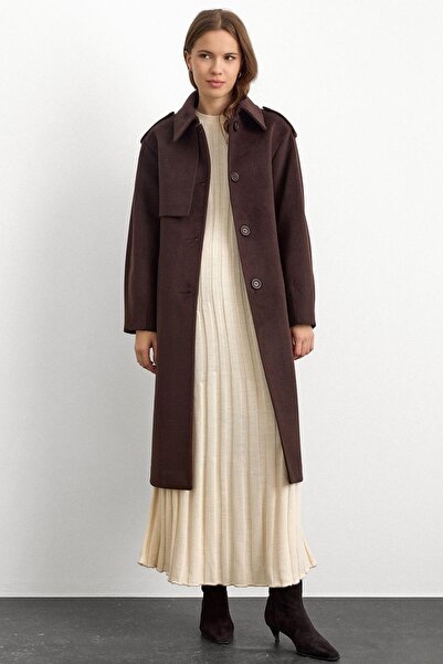 Olcay Shirt Collar Punto Stitching Detailed Premium Coat Brown 3125