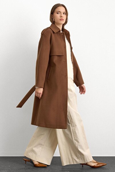 Olcay Premium Coat with Shirt Collar and Punto Stitch Detail Tütün 3125