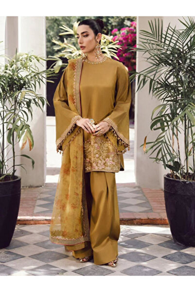 MYSMAR سالوار ودوباتا من الحرير والقطن والكريب الأصفر - HRT4260 | أصفر