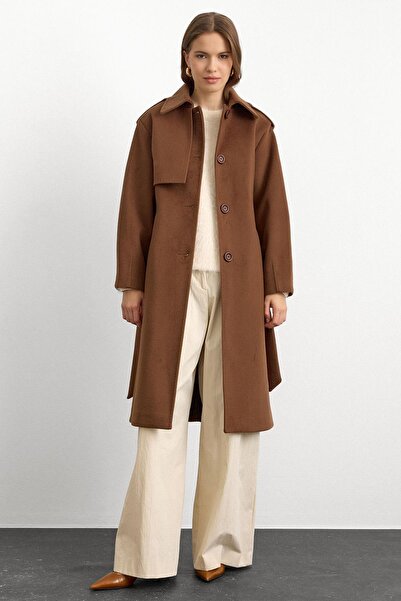 Olcay Premium Coat with Shirt Collar and Punto Stitch Detail Tütün 3125