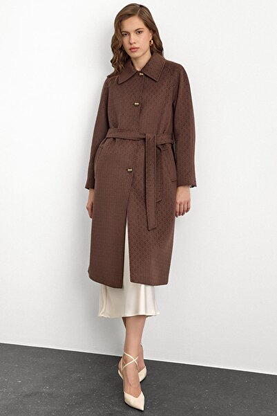 Olcay Reglan Sleeve Jacquard Pattern Limited Edition Coat Brown 3135