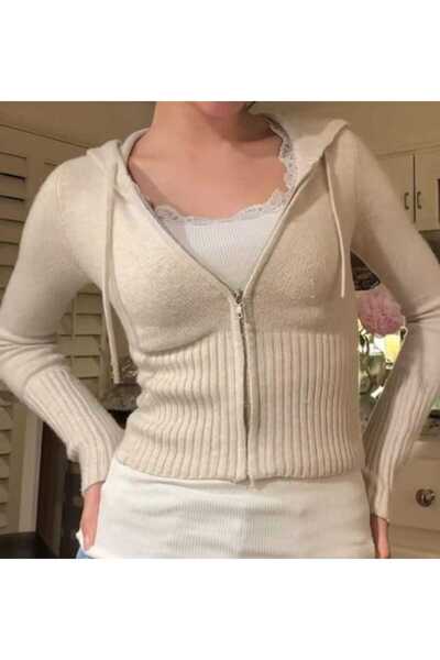 İsra Ayyıldız Moonstar Collection Kapüşonlu Lastik Örgü Detaylı Y2K Uzun Kollu Hırka Crop