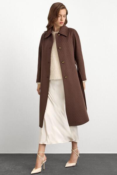 Olcay Reglan Sleeve Jacquard Pattern Limited Edition Coat Brown 3135