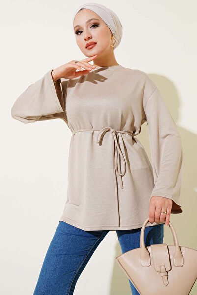 Smy moda Spanish Sleeve Lace-Up Tunic Crew Neck