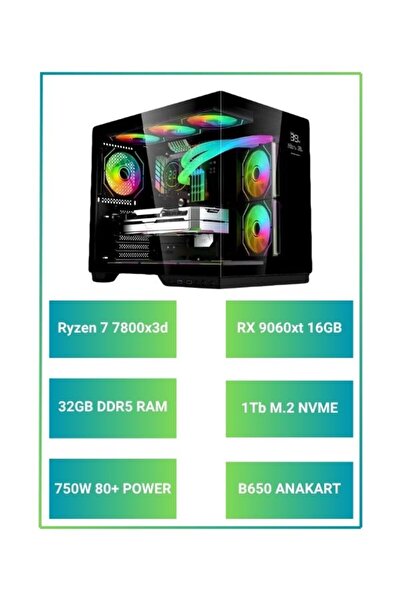 RAMTECH BİLGİSAYAR REBIRTH Ryzen 7 7800x3d Rx 9060xt 16GB | 32GB DDR5 Ram 1TB M.2 Nvme SSD Sıvı Sğt OYUNCU HAZIR SİSTEM