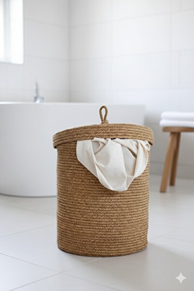 BHR Creative Καλάθι ρούχων από ψάθα γιούτας με καπάκι, Καλάθι για βρώμικα ρού...