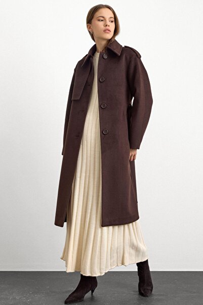 Olcay Shirt Collar Punto Stitching Detailed Premium Coat Brown 3125