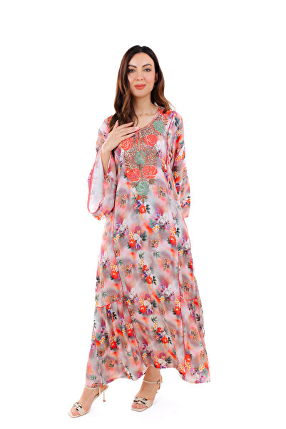 amaan Women's Luxury Floral Embroidered Jalabiya, Rayon Cotton Dress with Bell Sleeves, Arabic Style