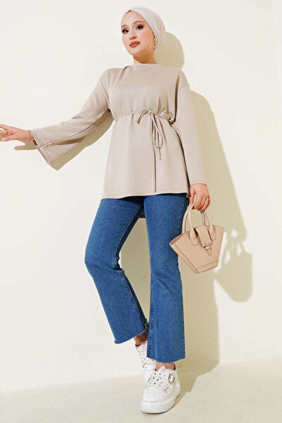 Smy moda Spanish Sleeve Lace-Up Tunic Crew Neck