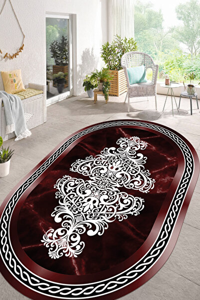 Authentic Patterned Marble Oval Living Room Rug with Digital Printed Washable and Non-Slip Base