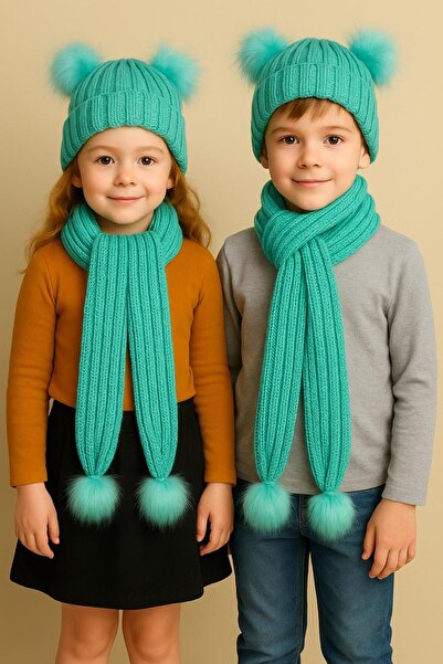 ŞAPKAKİDS Aqua Green Double Pom-Pom Knitwear Scarf Beanie Set