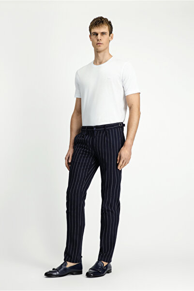 Kiğılı Slim Fit Narrow Cut Linen Blend Striped Buckle Classic Fabric Trousers