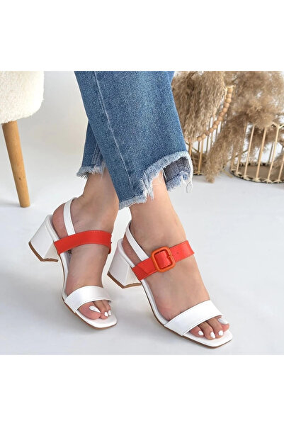 GökTR Year White Skin Orange Detailed White Heeled Shoes