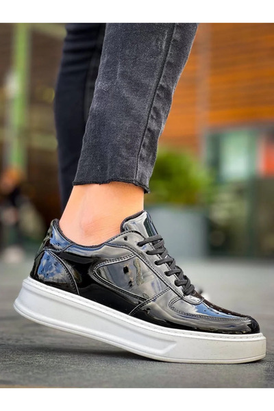 GökTR Kb-X8 Kuback Black Patent Leather Detailed White High Sole Casual Sports Shoes