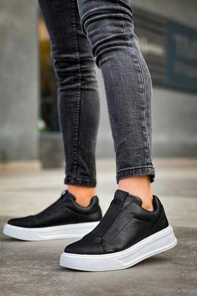 GökTR Kb-007 Kuback Black White High Sole Single Strap Laceless Casual Men's Shoes