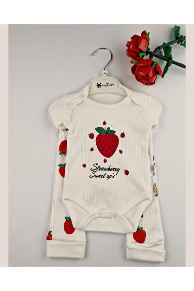 asliva Baby Girl Strawberry Patterned Cotton Set – Long Sleeve Bodysuit and Bottoms 0-9 Months