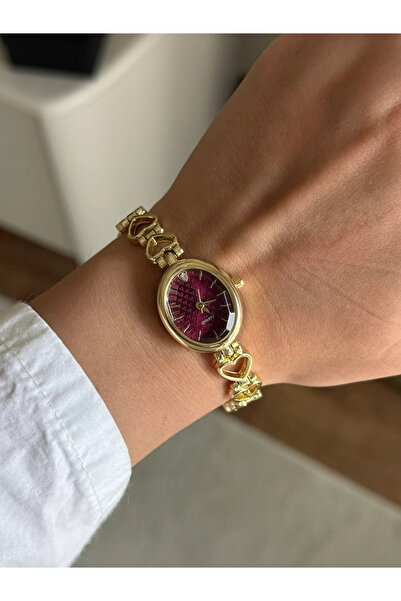 RoseandRoses Heartles Kalp Detaylı Minimal Kadın Kol Saati Gold (Bordo Kadran)