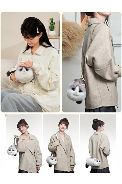 Bear&Dear Bear & Deer Plush Cat-Shaped Handbag – Off-White - Bd-Cat003