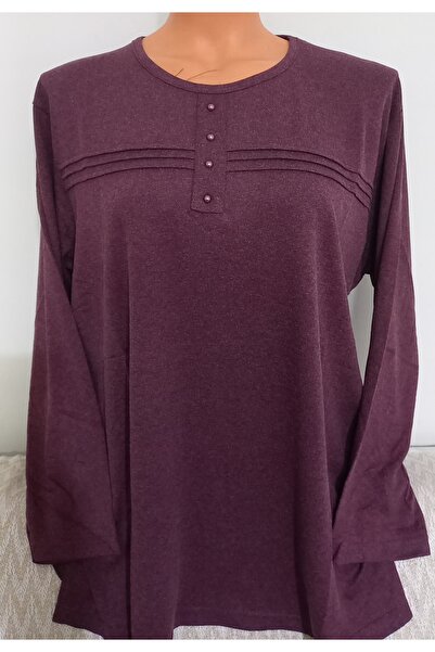 Anne Er Clothing Battal Winter Cotton Combed Cotton Blouse Long Sleeve Crew Neck Burgundy