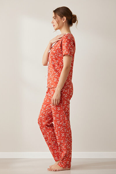 Imoda Γυναικείο σετ πιτζάμες με κοντό μανίκι με πορτοκαλί σχέδιο καρδιάς