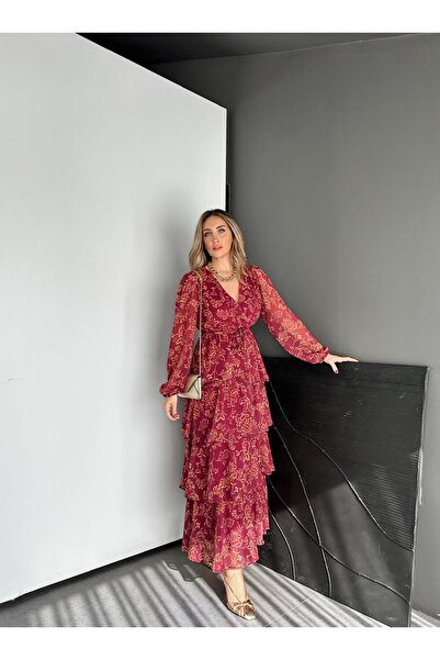 Zerrincan Giyim Bordo Eteği Katlı Maxi Elbise