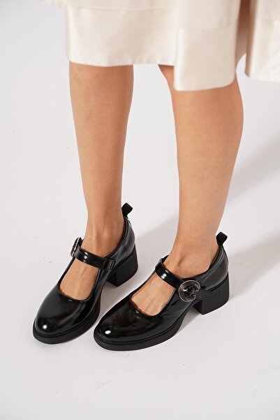 Moda Pie Barna Women's Genuine Leather Shoes with Side Buckle Helmet Black Wrinkled Patent Leather