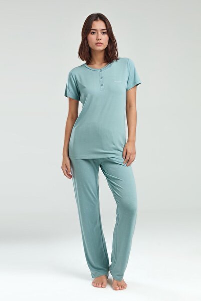 Pierre Cardin Women's Water Green Buttoned Short Sleeve Patterned Cotton Viscose Pajama Set Q8P9K8C5K