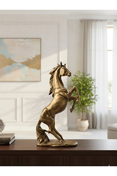 Dekoromi Şahlanan At Heykeli Biblo 35x18cm El Boyaması Altın Renk Polyester E...