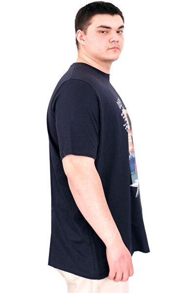 ModeXL Mode XL Large Size Men's Printed T-Shirt Palm Dream U25026 Navy Blue